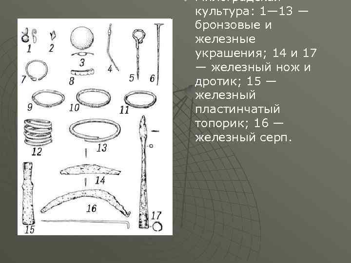 u Милоградская культура: 1— 13 — бронзовые и железные украшения; 14 и 17 —