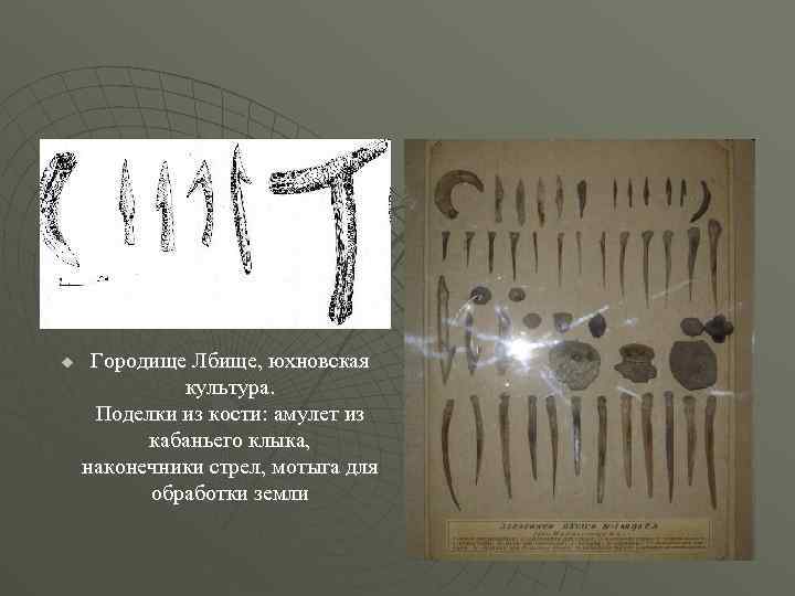 u Городище Лбище, юхновская культура. Поделки из кости: амулет из кабаньего клыка, наконечники стрел,