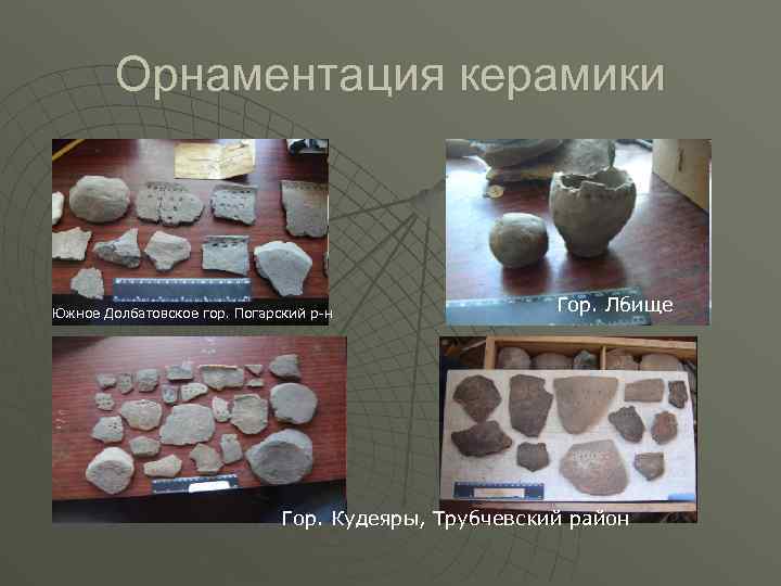 Орнаментация керамики Южное Долбатовское гор. Погарский р-н Гор. Лбище Гор. Кудеяры, Трубчевский район 