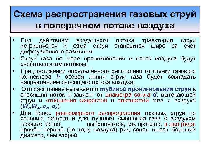 Схема распространения газовых струй в поперечном потоке воздуха • Под действием воздушного потока траектория