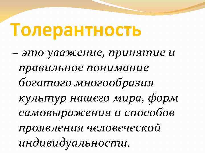 Толерантность – это уважение, принятие и правильное понимание богатого многообразия культур нашего мира, форм