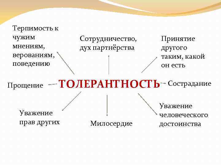 Терпимость к чужим мнениям, верованиям, поведению Прощение Сотрудничество, дух партнёрства Принятие другого таким, какой