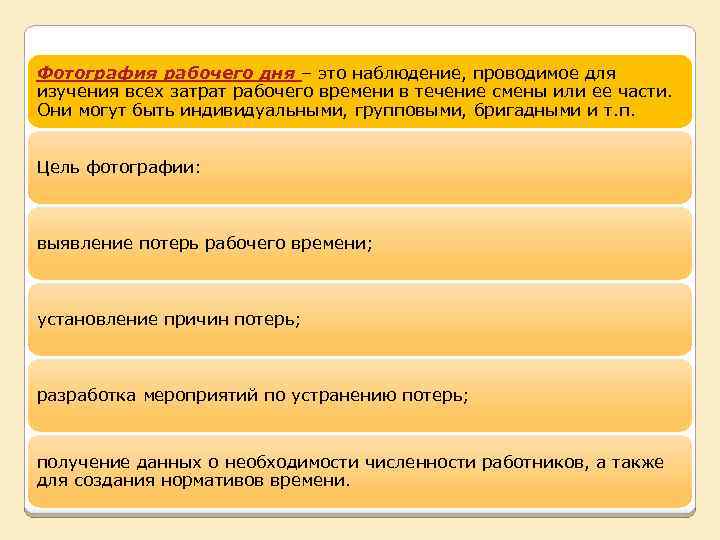 Фотография рабочего дня – это наблюдение, проводимое для изучения всех затрат рабочего времени в