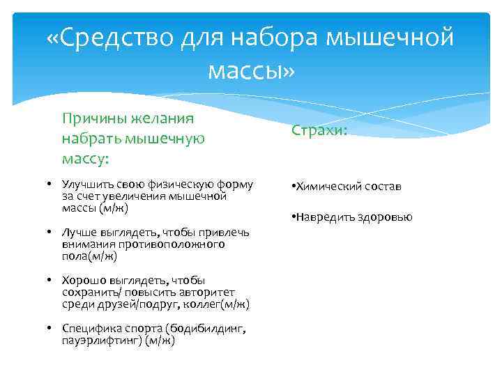  «Средство для набора мышечной массы» Причины желания набрать мышечную массу: • Улучшить свою