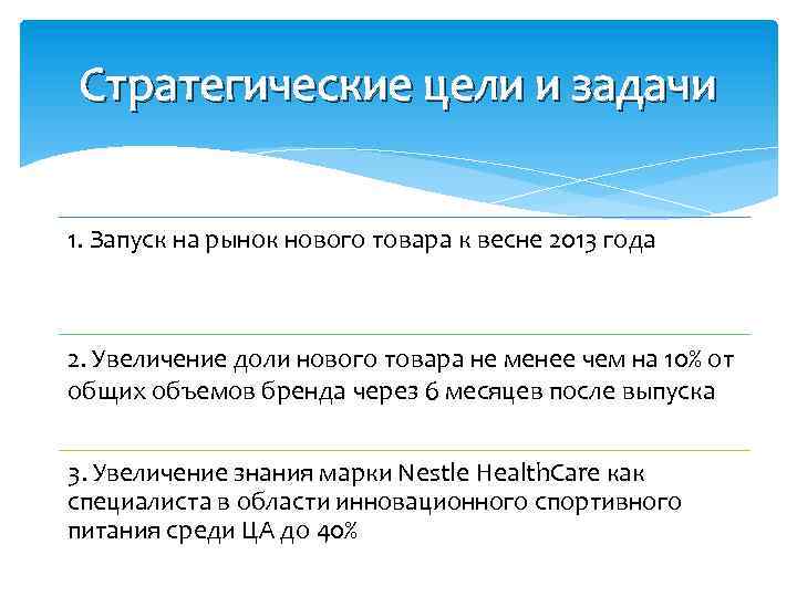 Стратегические цели и задачи 1. Запуск на рынок нового товара к весне 2013 года