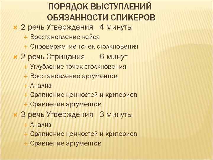 ПОРЯДОК ВЫСТУПЛЕНИЙ ОБЯЗАННОСТИ СПИКЕРОВ 2 речь Утверждения 4 минуты Восстановление кейса Опровержение точек столкновения