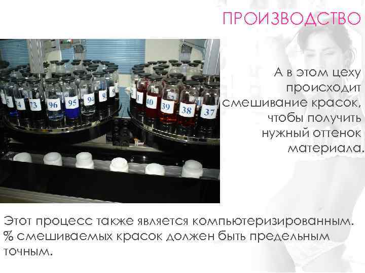 ПРОИЗВОДСТВО А в этом цеху происходит смешивание красок, чтобы получить нужный оттенок материала. Этот