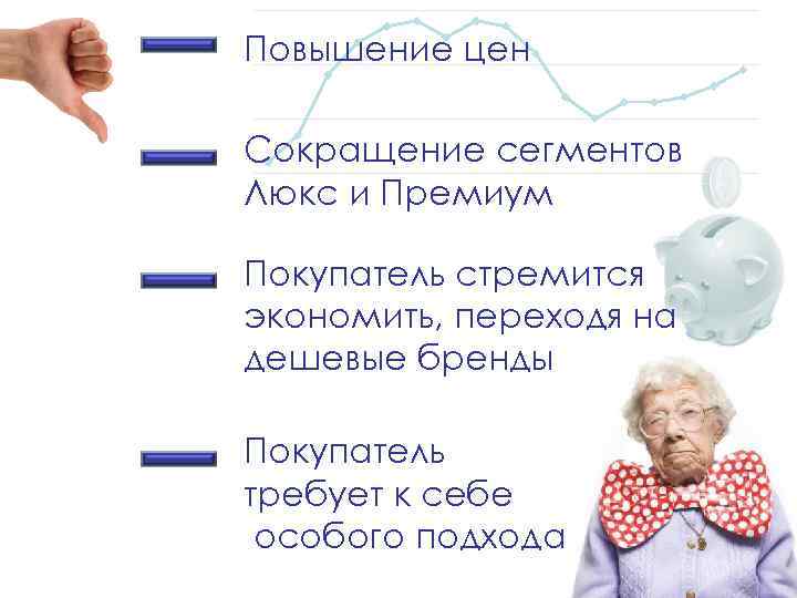 Повышение цен Сокращение сегментов Люкс и Премиум Покупатель стремится экономить, переходя на дешевые бренды