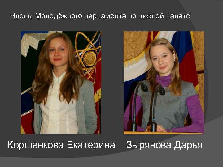 Члены Молодёжного парламента по нижней палате Коршенкова Екатерина Зырянова Дарья 