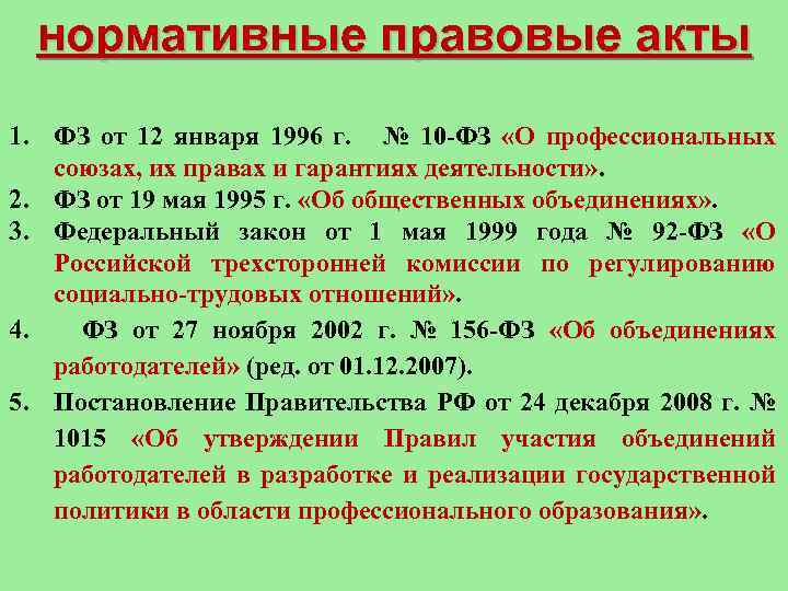 нормативные правовые акты 1. ФЗ от 12 января 1996 г. № 10 -ФЗ «О