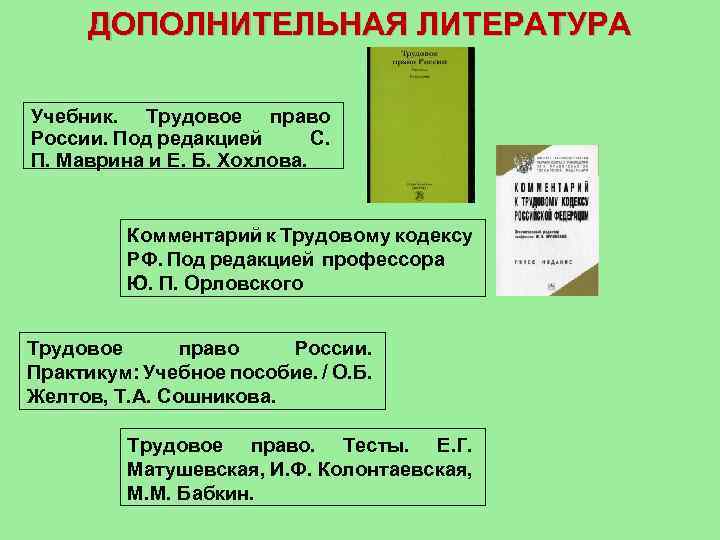 ДОПОЛНИТЕЛЬНАЯ ЛИТЕРАТУРА Учебник. Трудовое право России. Под редакцией С. П. Маврина и Е. Б.