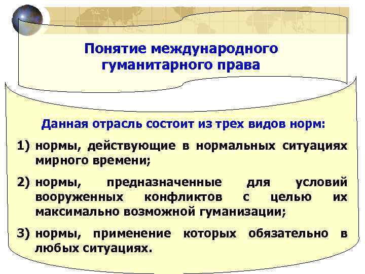 Понятие международного гуманитарного права Данная отрасль состоит из трех видов норм: 1) нормы, действующие