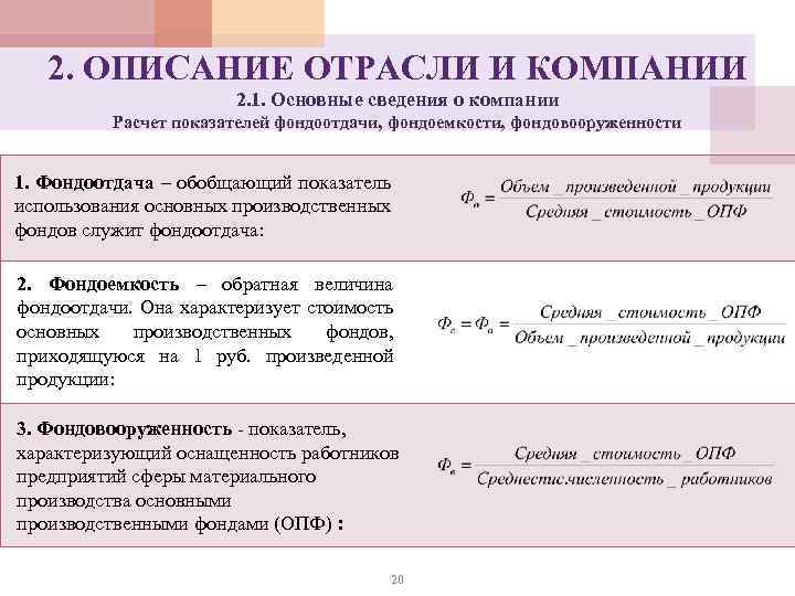 2. ОПИСАНИЕ ОТРАСЛИ И КОМПАНИИ 2. 1. Основные сведения о компании Расчет показателей фондоотдачи,