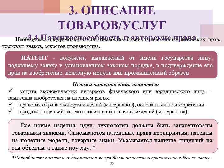 3. ОПИСАНИЕ ТОВАРОВ/УСЛУГ 3. 4 Патентоспособность и авторские права Необходимо предусмотреть при разработке бизнес-плана