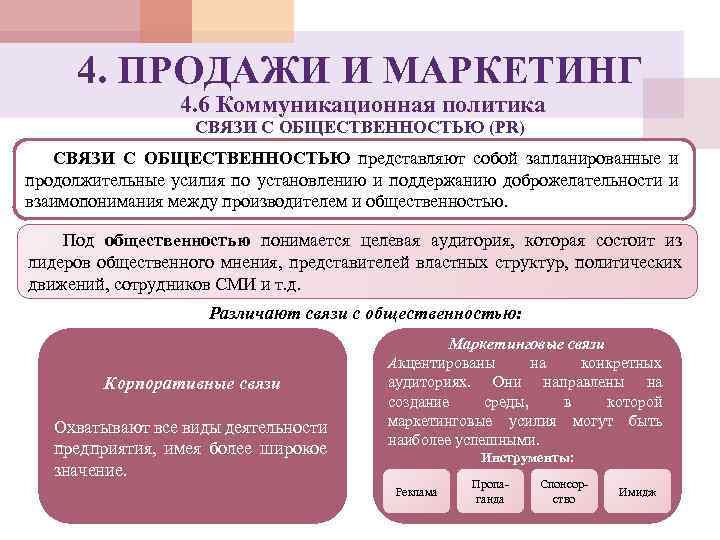4. ПРОДАЖИ И МАРКЕТИНГ 4. 6 Коммуникационная политика СВЯЗИ С ОБЩЕСТВЕННОСТЬЮ (PR) СВЯЗИ С