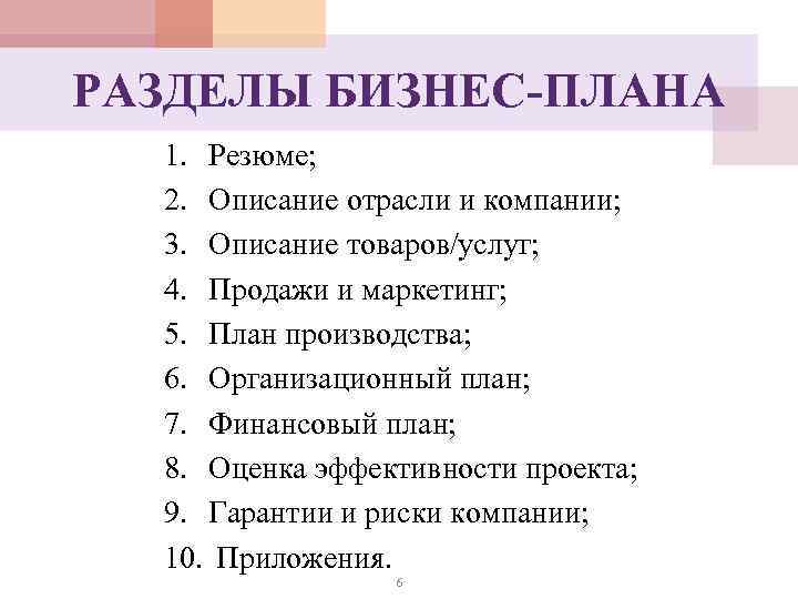 РАЗДЕЛЫ БИЗНЕС-ПЛАНА 1. Резюме; 2. Описание отрасли и компании; 3. Описание товаров/услуг; 4. Продажи