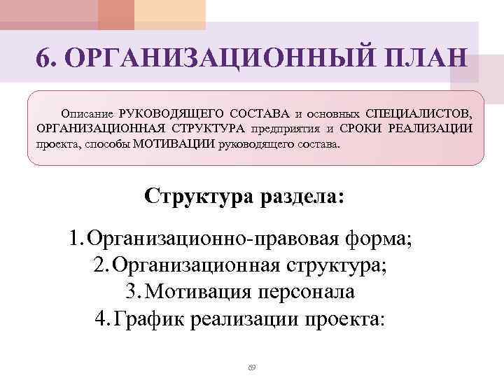 6. ОРГАНИЗАЦИОННЫЙ ПЛАН Описание РУКОВОДЯЩЕГО СОСТАВА и основных СПЕЦИАЛИСТОВ, ОРГАНИЗАЦИОННАЯ СТРУКТУРА предприятия и СРОКИ