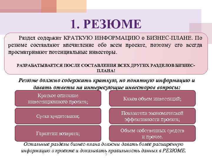 1. РЕЗЮМЕ Раздел содержит КРАТКУЮ ИНФОРМАЦИЮ о БИЗНЕС-ПЛАНЕ. По резюме составляют впечатление обо всем