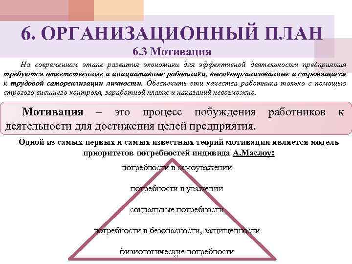6. ОРГАНИЗАЦИОННЫЙ ПЛАН 6. 3 Мотивация На современном этапе развития экономики для эффективной деятельности