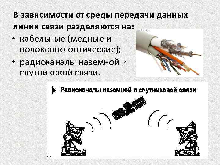 В зависимости от среды передачи данных линии связи разделяются на: • кабельные (медные и