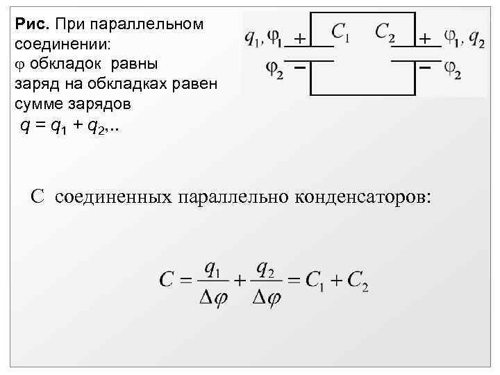 Рис. При параллельном соединении: обкладок равны заряд на обкладках равен сумме зарядов q =