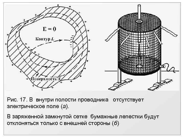 Рис. 17. В внутри полости проводника отсутствует электрическое поле (а). В заряженной замкнутой сетке