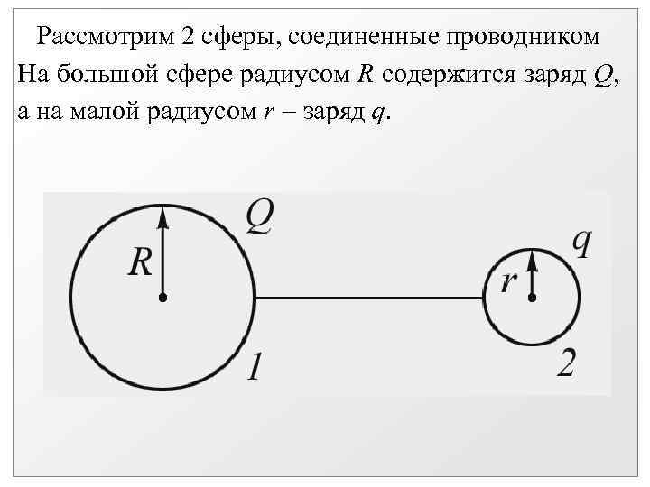 Рассмотрим 2 сферы, соединенные проводником На большой сфере радиусом R содержится заряд Q, а