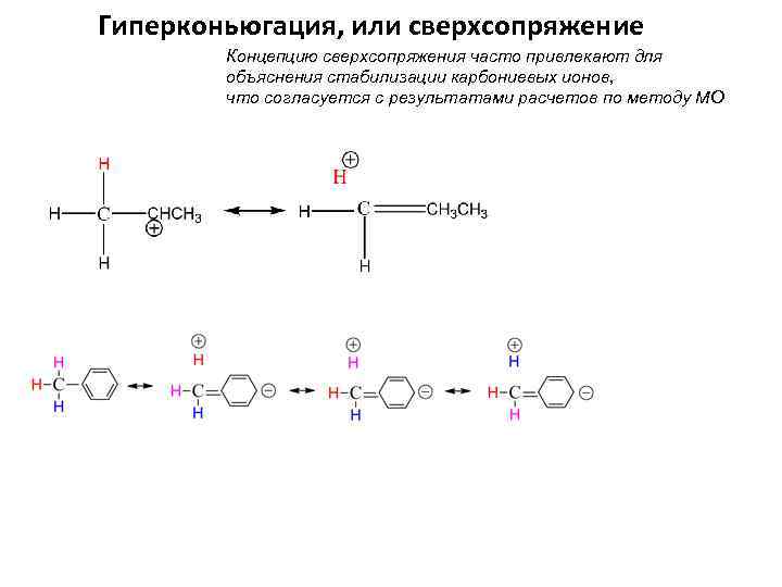 Гиперконьюгация, или сверхсопряжение Концепцию сверхсопряжения часто привлекают для объяснения стабилизации карбониевых ионов, что согласуется
