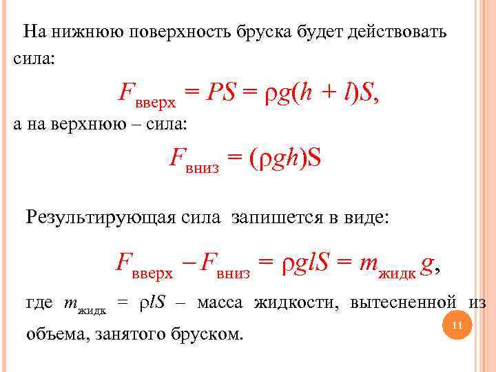  На нижнюю поверхность бруска будет действовать сила: Fвверх = PS = g(h +