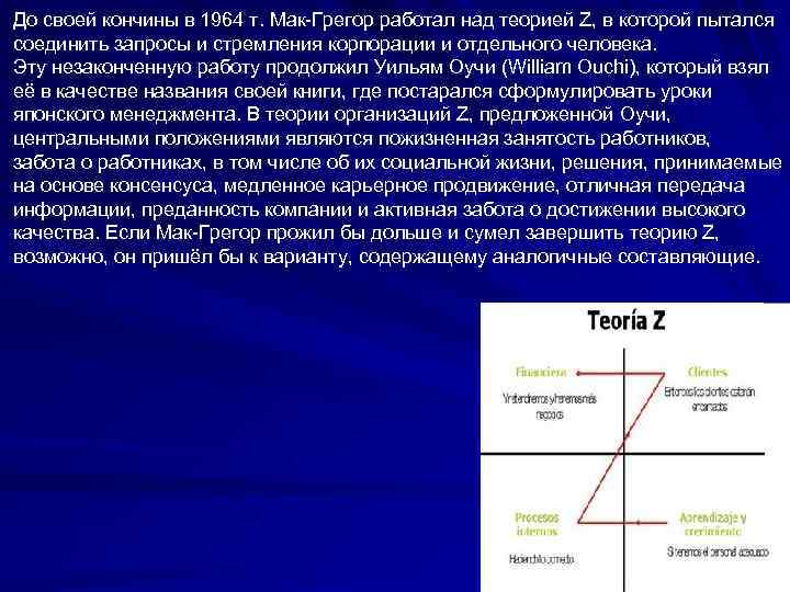 До своей кончины в 1964 т. Мак-Грегор работал над теорией Z, в которой пытался