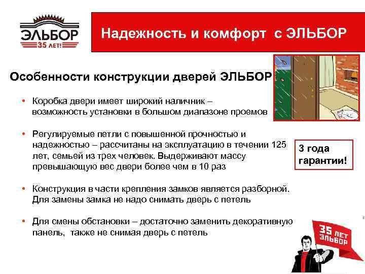 Надежность и комфорт с ЭЛЬБОР Особенности конструкции дверей ЭЛЬБОР • Коробка двери имеет широкий