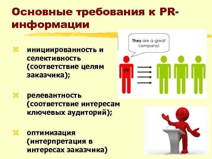 Основные требования к PRинформации z инициированность и селективность (соответствие целям заказчика); z релевантность (соответствие