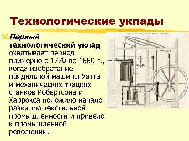 Технологические уклады z Первый технологический уклад охватывает период примерно с 1770 по 1880 г.