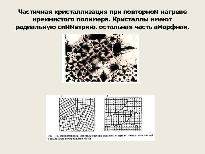 Частичная кристаллизация при повторном нагреве кремнистого полимера. Кристаллы имеют радиальную симметрию, остальная часть аморфная.