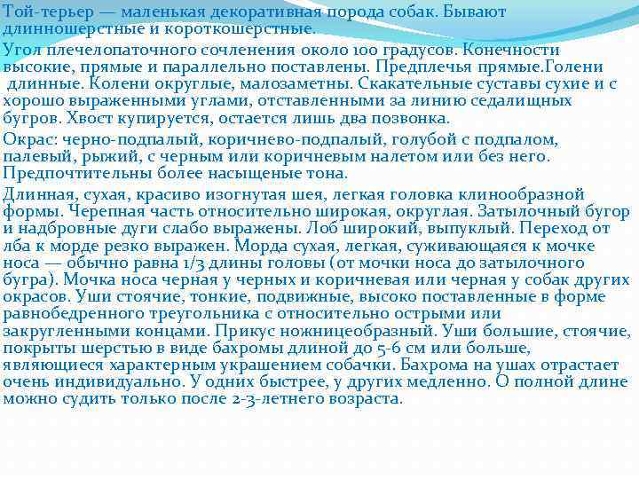 Той-терьер — маленькая декоративная порода собак. Бывают длинношерстные и короткошерстные. Угол плечелопаточного сочленения около