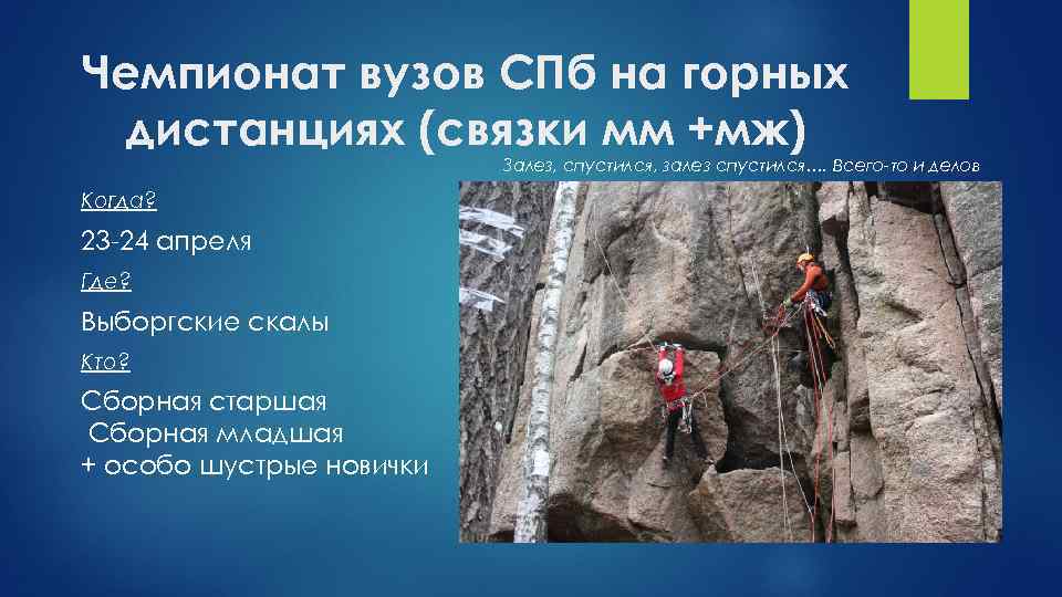 Чемпионат вузов СПб на горных дистанциях (связки мм +мж) Залез, спустился, залез спустился…. Всего-то