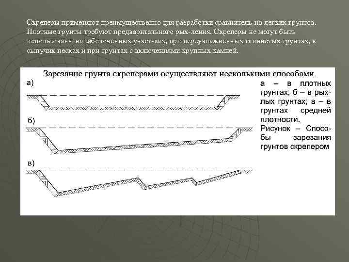 Скреперы применяют преимущественно для разработки сравнитель но легких грунтов. Плотные грунты требуют предварительного рых