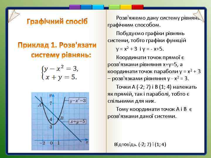 Розв'яжемо дану систему рівнянь графічним способом. Побудуємо графіки рівнянь системи, тобто графіки функцій у