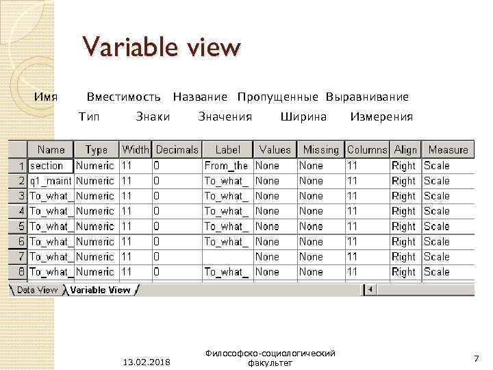 Variable view Имя Вместимость Тип Знаки 13. 02. 2018 Название Пропущенные Выравнивание Значения Ширина