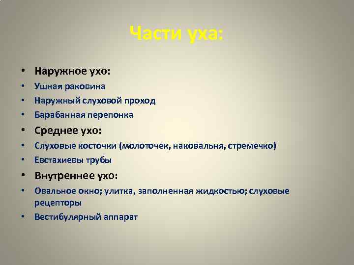 Части уха: • Наружное ухо: • Ушная раковина • Наружный слуховой проход • Барабанная