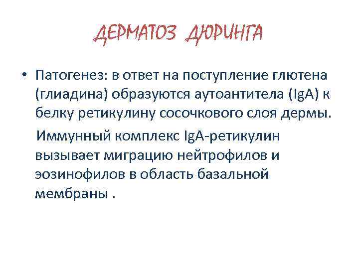 ДЕРМАТОЗ ДЮРИНГА • Патогенез: в ответ на поступление глютена (глиадина) образуются аутоантитела (Ig. A)