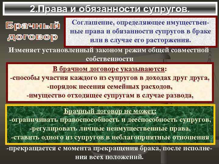 2. Права и обязанности супругов. Соглашение, определяющее имущественные права и обязанности супругов в браке