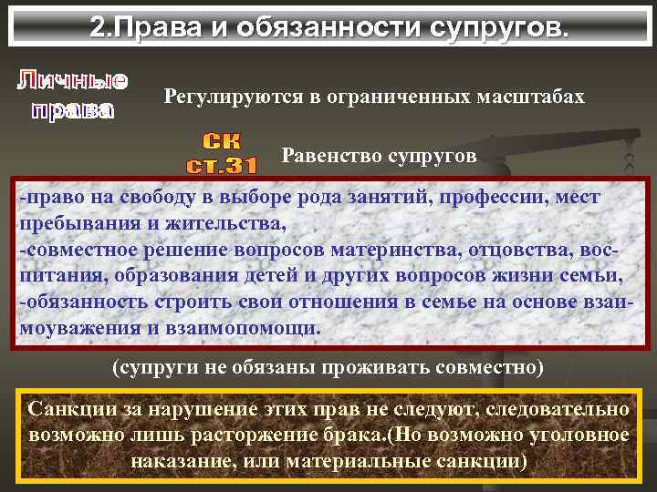 2. Права и обязанности супругов. Регулируются в ограниченных масштабах Равенство супругов -право на свободу