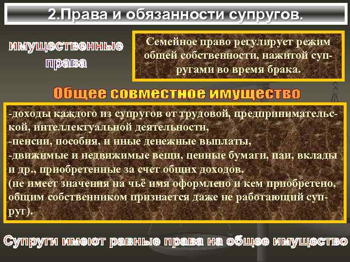 2. Права и обязанности супругов. Семейное право регулирует режим общей собственности, нажитой супругами во