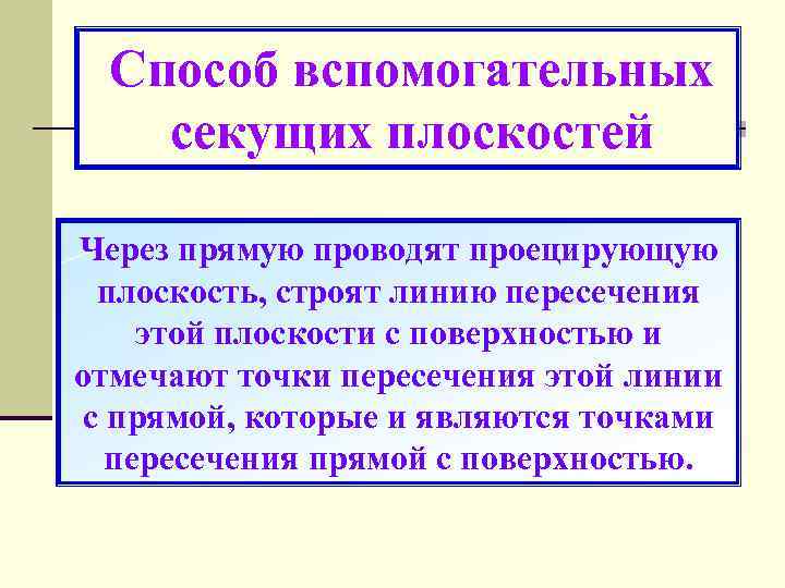 Способ вспомогательных секущих плоскостей Через прямую проводят проецирующую плоскость, строят линию пересечения этой плоскости