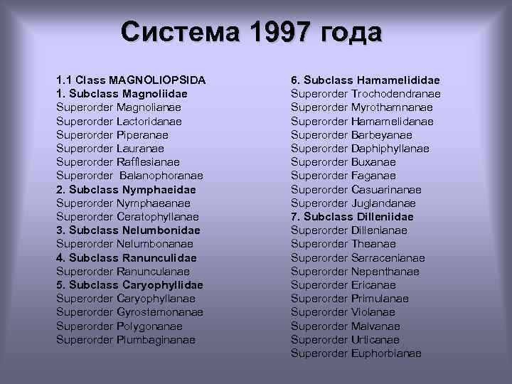 Система 1997 года 1. 1 Class MAGNOLIOPSIDA 1. Subclass Magnoliidae Superorder Magnolianae Superorder Lactoridanae