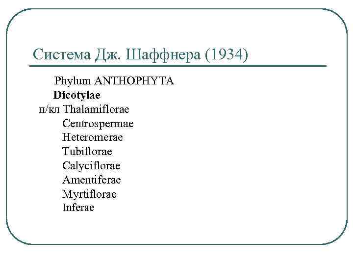 Система Дж. Шаффнера (1934) Phylum ANTHOPHYTA Dicotylae п/кл Thalamiflorae Centrospermae Heteromerae Tubiflorae Calyciflorae Amentiferae