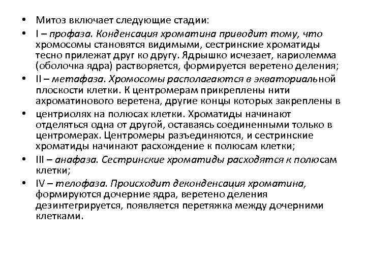  • Митоз включает следующие стадии: • I – профаза. Конденсация хроматина приводит тому,