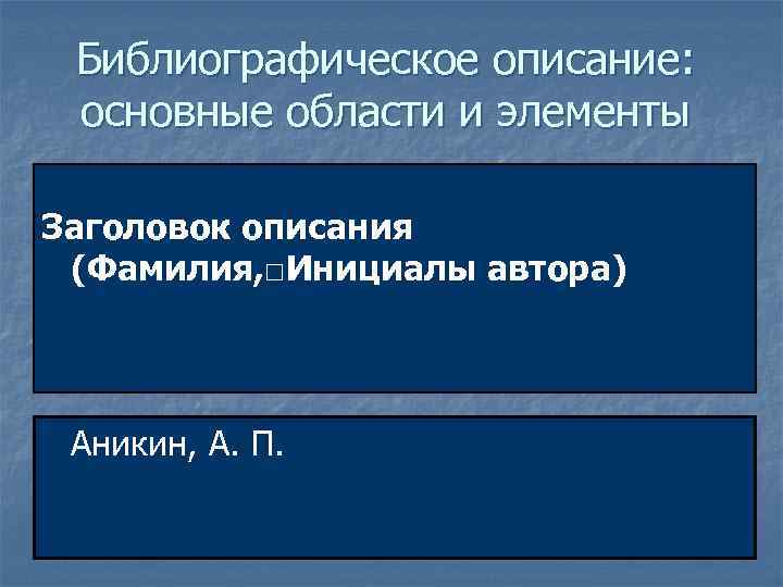 Библиографическое описание: основные области и элементы Заголовок описания (Фамилия, □Инициалы автора) Аникин, А. П.