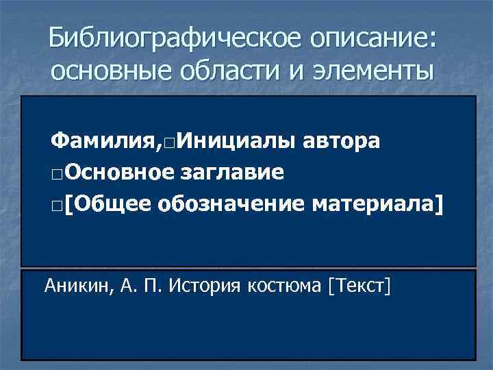 Библиографическое описание: основные области и элементы Фамилия, □Инициалы автора □Основное заглавие □[Общее обозначение материала]